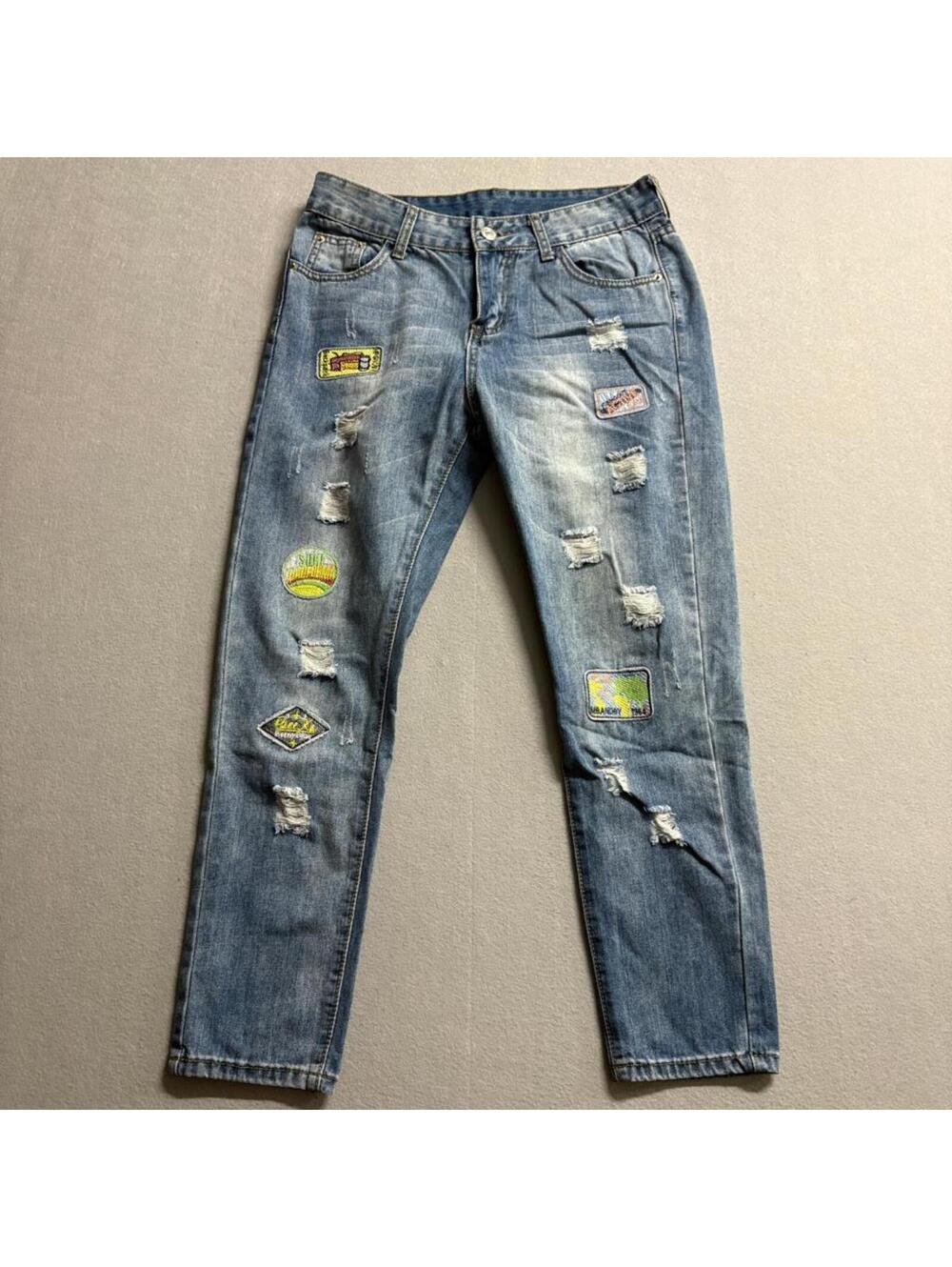 Unbranded Distressed Patchwork Jeans Womens Size 28 Blue Denim Destroyed Rip